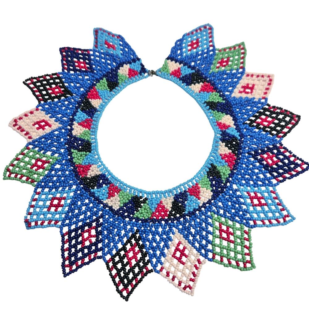 Huichol Beaded Necklace Statement Collar Wixárika Folk Art Blue Multicolor